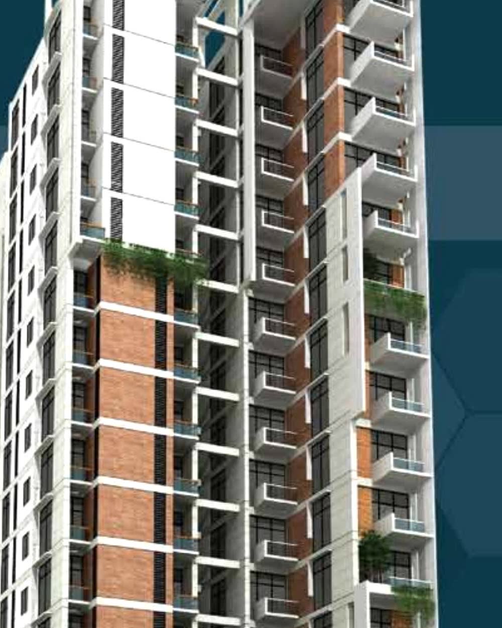 Winstone 10. Winstone Dream Park — close view of the tower façade, balconies and green terraces