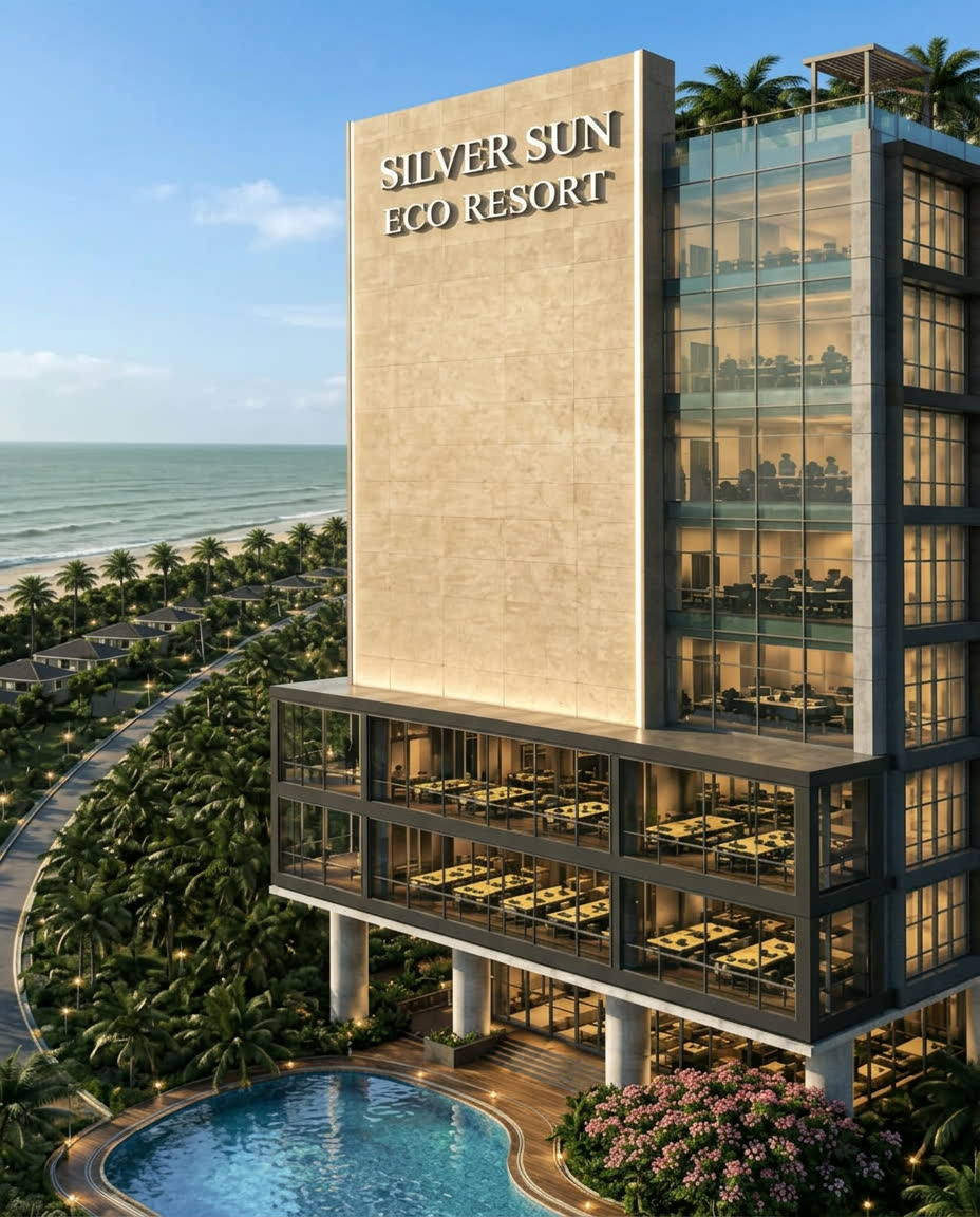 Silver Sun Eco Resort — the resort tower, cottages and poolside in clear daylight on the Kuakata coastline