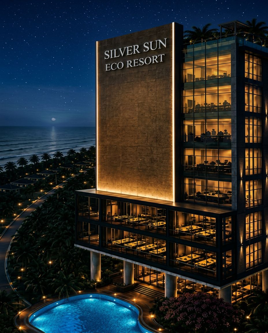 Silver Sun Eco Resort — the same resort tower and poolside shown at night with facade and pool lighting